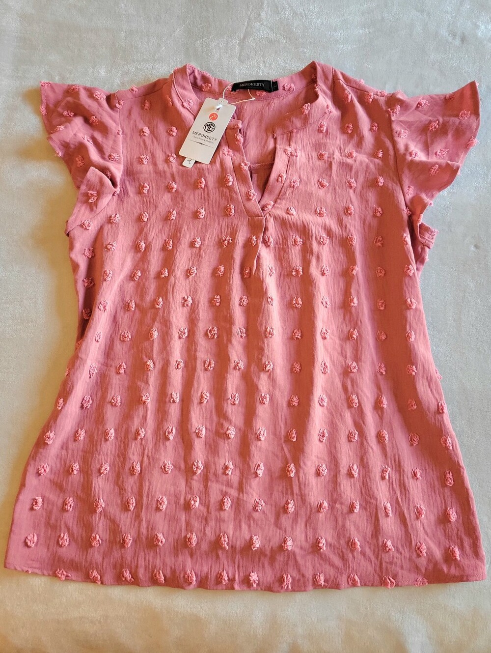 NWT Merokeety Women Large Pink Swiss Sot Ruffle Sleeve V Neck Blouse
